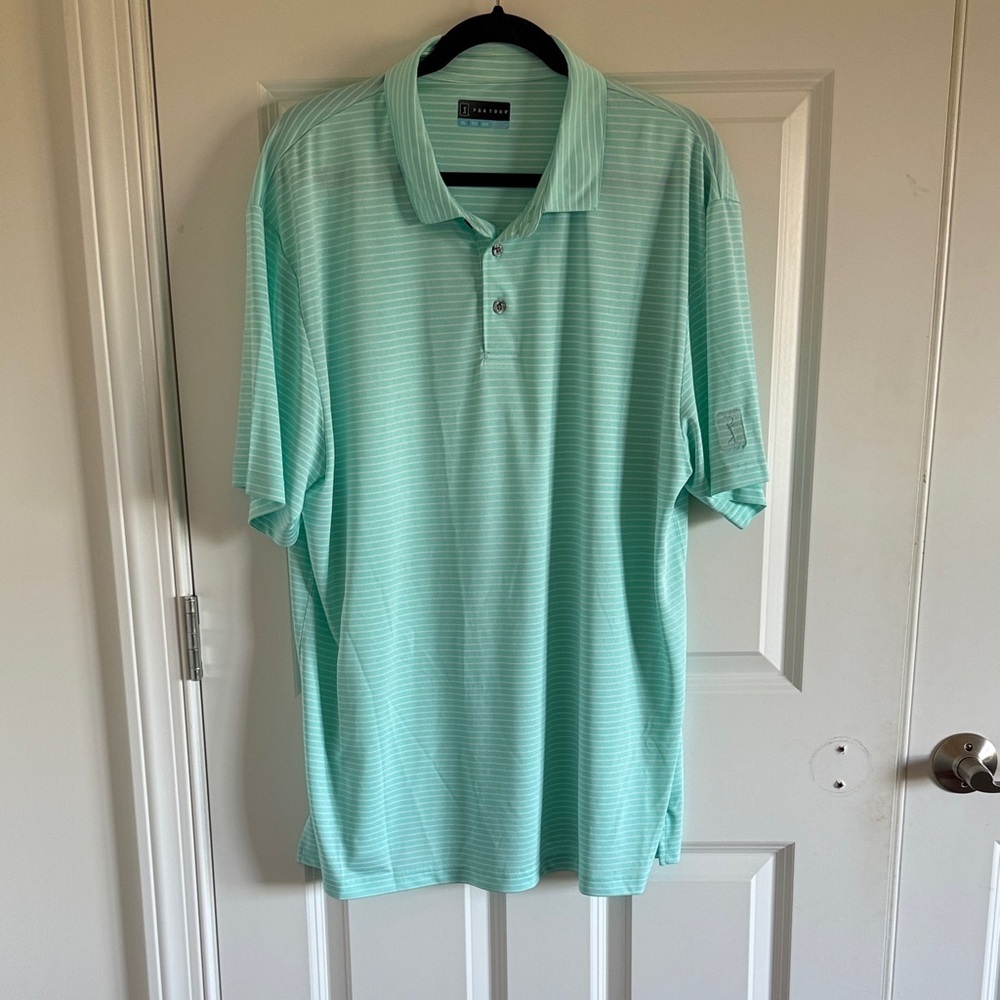 PGA Tour Men's Light Green and White Striped Polo Shirt Size XL